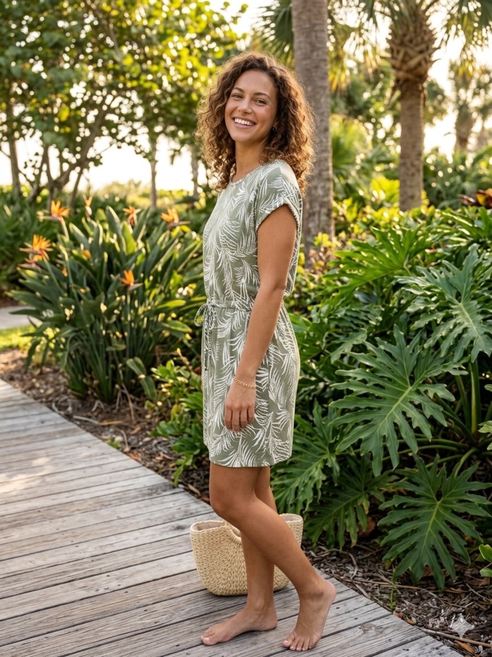 Hilary Radley Olive Green Tropical Palm Print Knit Drawstring Dress Size M